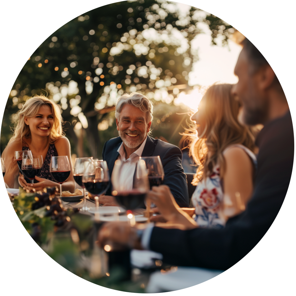 Wein als Geschenk. Im Bild: 2 Paare sitzen gemeinsam beim Dinner im Freien auf der Terrasse, Abendstimmung, Freunde, Gemütlichkeit, warme Stimmung